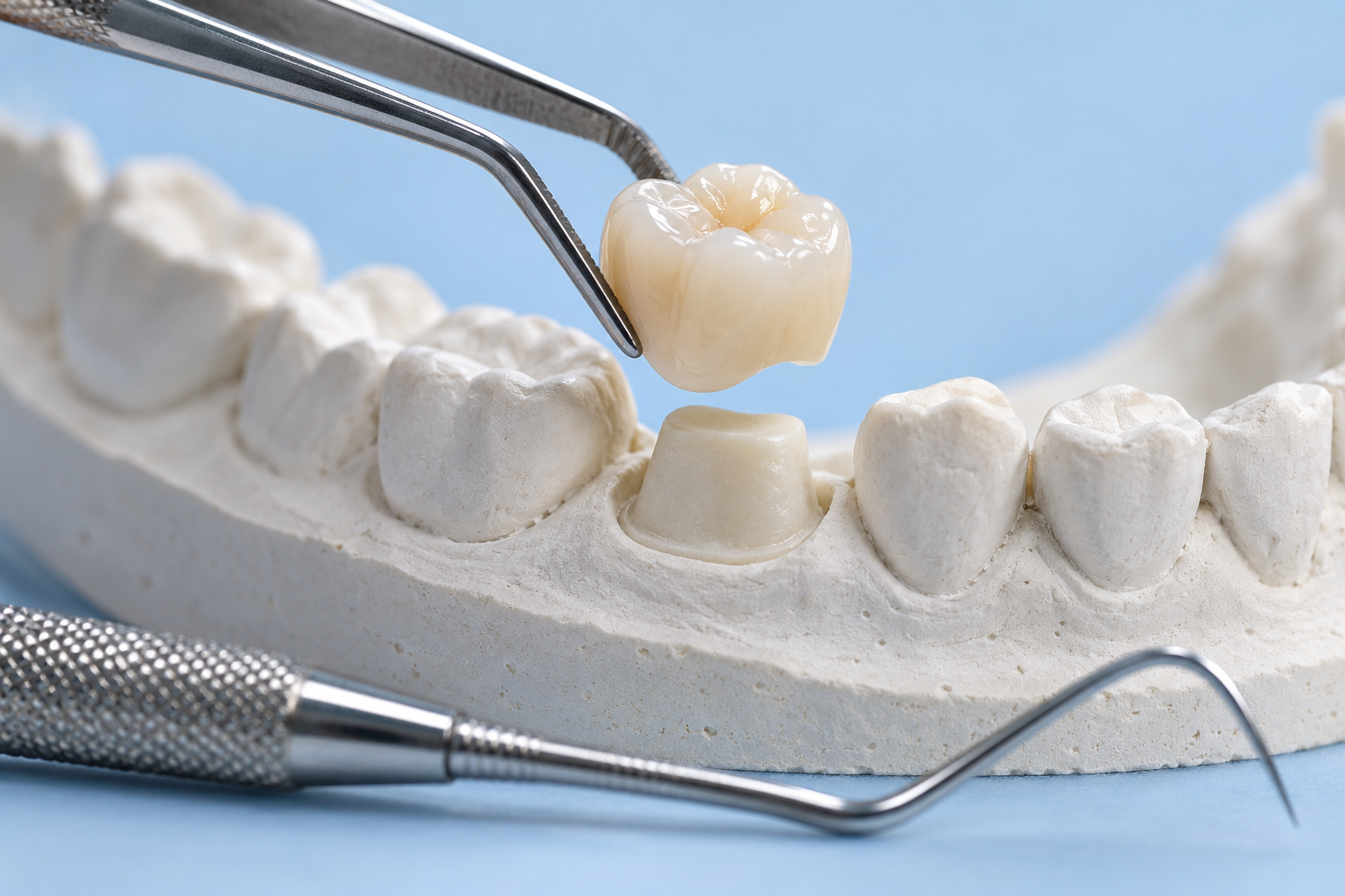 Porcelain dental crown being placed on a prepared tooth model