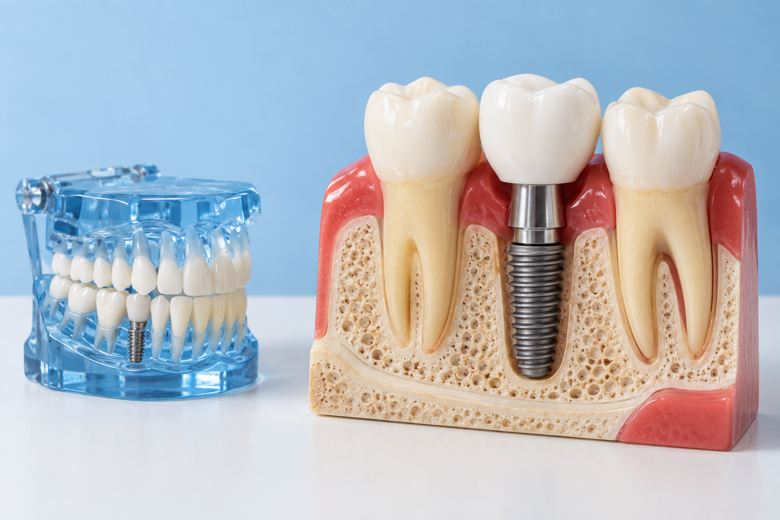 Cross-section dental implant model showing titanium screw and porcelain crown