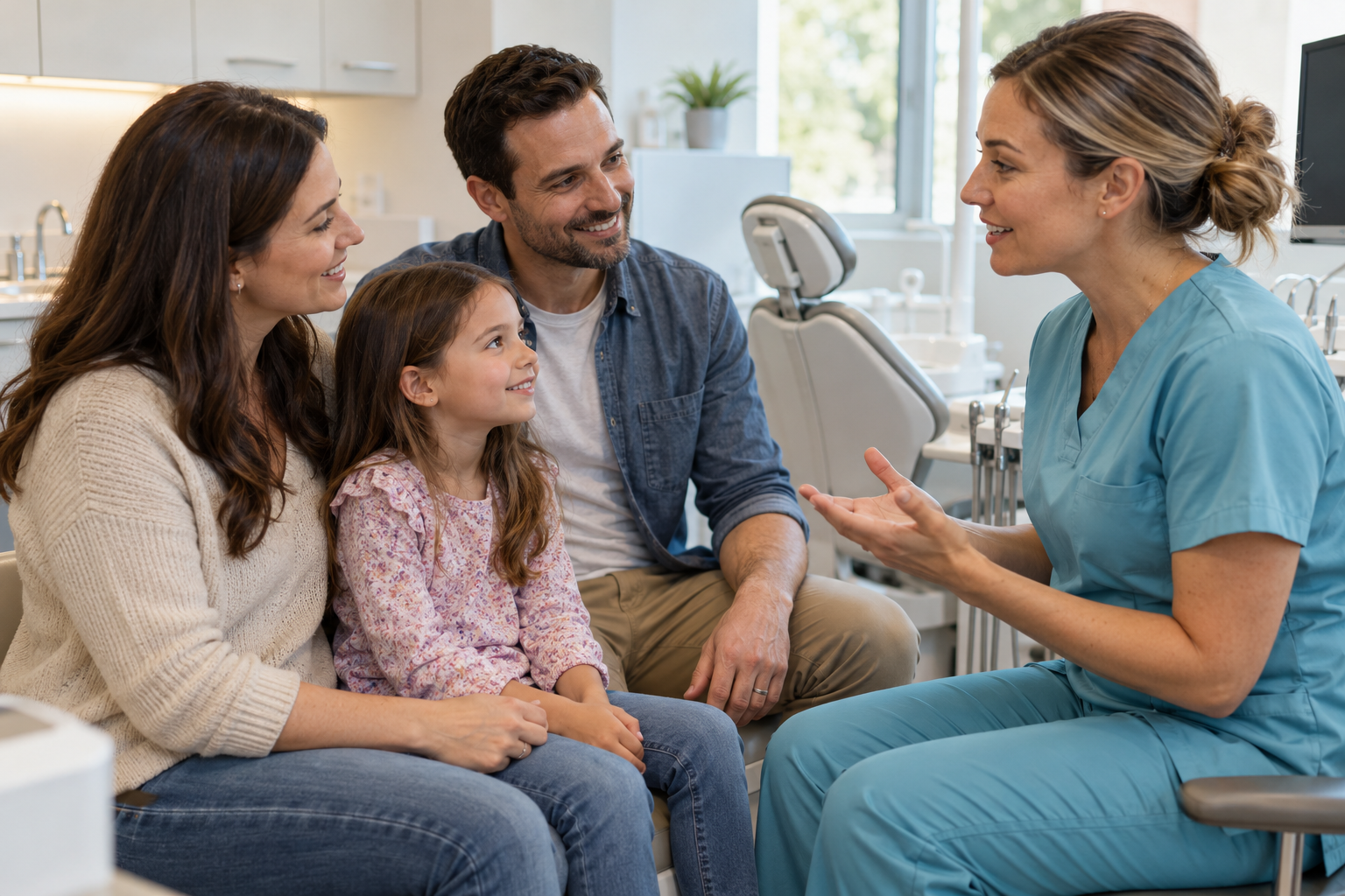 Family consulting with their dentist in a modern dental operatory