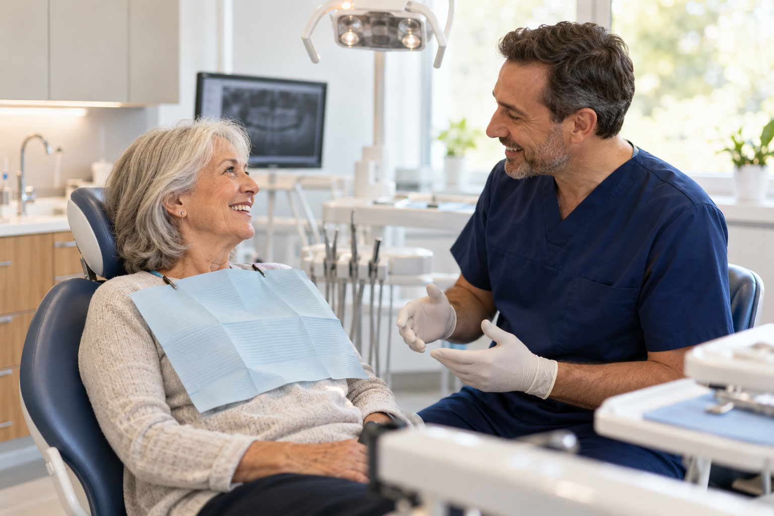 Senior patient smiling during a dental consultation